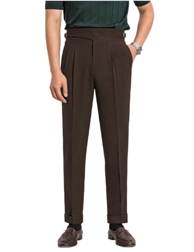 Men's High Waisted Pleated Dress Pants Adjustable Waist Classic Gurkha Retro Trousers Formal Casual Pants