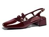 Coutgo Womens Mary Jane Chunky Low Heels Slingback Pumps Closed Square Toe Wedding Dress Shoes, Dark Red, Size 8