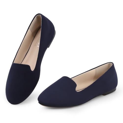 MUSSHOE Comfortable Ballet Flats for Women: Round Toe Women Loafers - Casual Slip on Ballerina Flats for Professional Woman Aged 25-45 Work Dressy Wedding,Navy Suede 9.5
