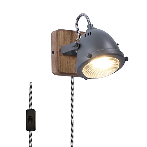 Lámpara de Pared LED Madera Moderna con Cable, Bombilla GU10 Aplique Pared Focos Ajustable Industrial Vintage con Interruptor, Luz de Lectura Interior Decor para Salon Dormitorio Restaurante Porche Cover