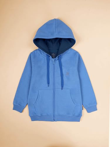 Image of KiddoPanti Boys Solid Cotton Full Sleeve Zip-Up Front Open Hooded Sweatshirt