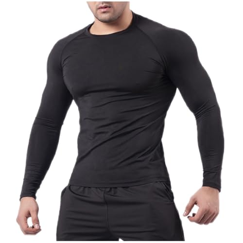 Mens Compression T Shirt Casual Slim Fit Stretch Lightweight Breathable Sport Workout Shirt Long Sleeve Crewneck Top