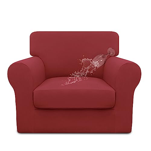 Image of Easy-Going Waterproof 2 Pieces Chair Cover Couch Covers for Sofa | Stretch Spandex Sofa Cover Protector Elastic Bottom for Cushion Couch Dog Pet Friendly Living Room Christmas Red