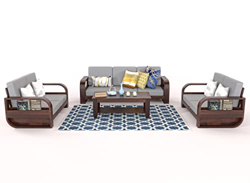 Image of Wooden 7 Seater Sofa Set for Living Room | Seven Seater Sofa for Office & Lounge | 3+2+2 Seater Sofa Sets for Home | Sheesham Wood (Walnut Finish)