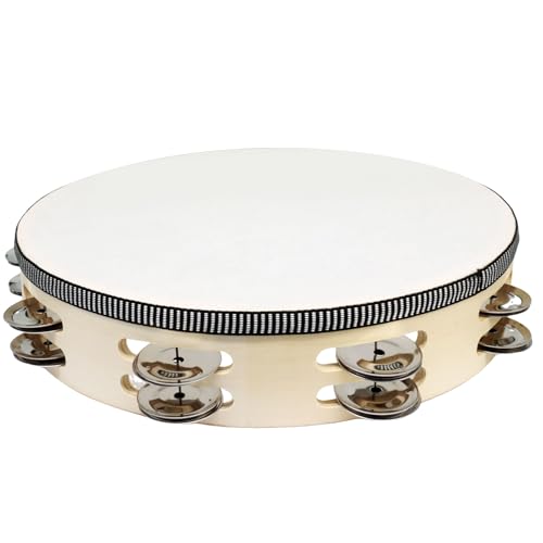 Moicstiy 10 Inch Wooden Round Tambourine, Double Row Tambourine with Metal Jingles, Hand Held Percussion Musical Instrument for KTV, Party (1 Pcs)