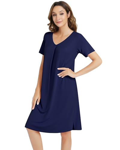 Image of NACHILA Nightgowns for Women-Viscose Made from Bamboo,Short Sleeve Nightshirts V Neck Sleep Shirt Loose Sleep Dress