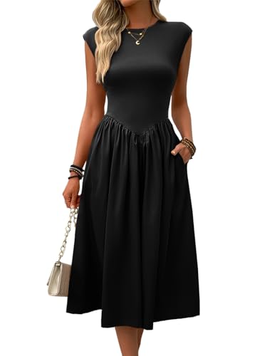 Imily Bela Womens Casual Cap Sleeve Midi Dress Crewneck Swing Flowy Empire Waist Long Dress 2025 Summer Trendy Outfits