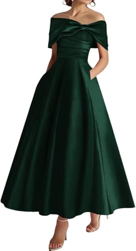 One Shoulder Mother of The Bride Dresses for Women Satin Tea Length Formal Prom Evening Gowns with Pockets