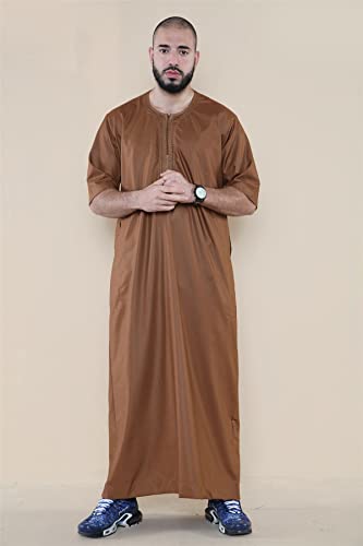 Mens Thobe Jubba Islamic Clothing Kaftan Half Sleeve Robe Moroccan Arab Zipped3