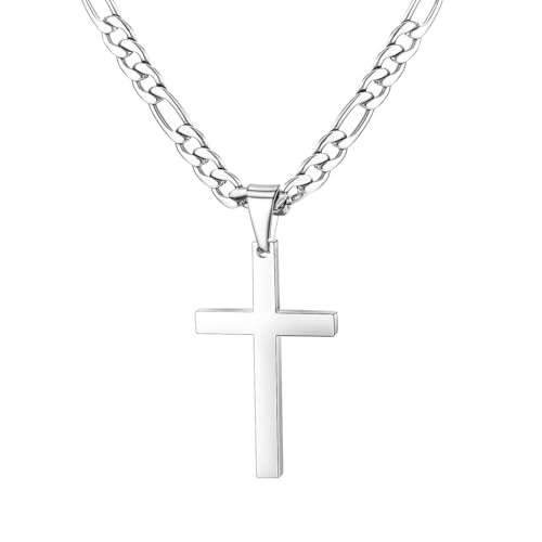 Image of CaptainSteeL Stainless Steel Cross Necklace for Men, Figaro Chain Pendant