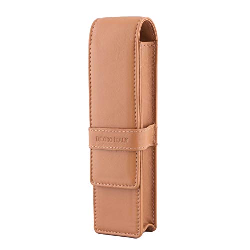 Image of DiLoro Leather Pen Case Pouch Holder for Two Fountain Ballpoint Rollerball Pens or Pencils (Tan)