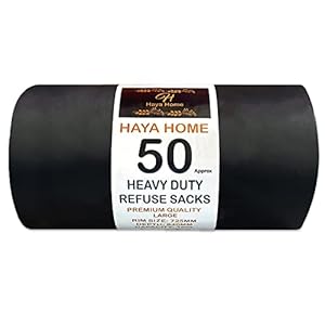 Haya Home 50 Black Plastic Bin Bags Heavy Duty Bin Liners, Refuse Sacks Pack of 50 X 1 Heavy Duty Waste Dustbin Bags…