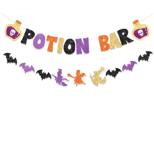 FHGG Glitter Potion Bar Halloween Banner Decor with Potion Signs Hocus Pocus Banner Witch Party Decorations Potion Halloween Decor for Haunted House, Bat Decorations, Halloween Mantle Home Decor