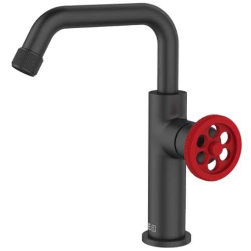 Essebagno Indus mitigeur lavabo bas noir et manette rouge