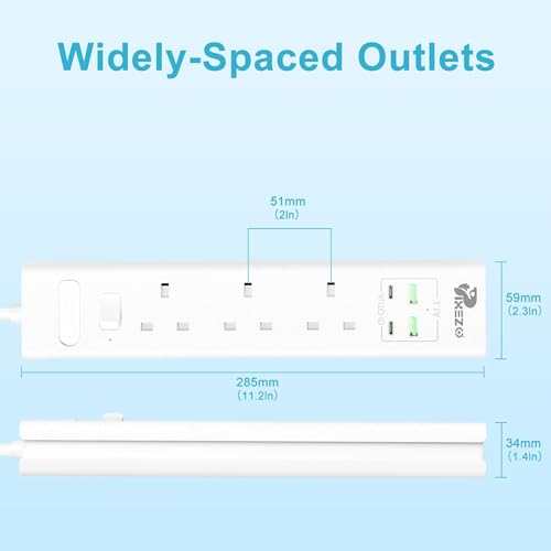 Extension Lead | Extension Lead with USB Slots | Surge Protected Extension Board with 3 AC Outlets and 4 USB ports (2 USB A - IQ 2.4A, 2 USB C - IQ 3.0A) Cable 3M Long - Image 2