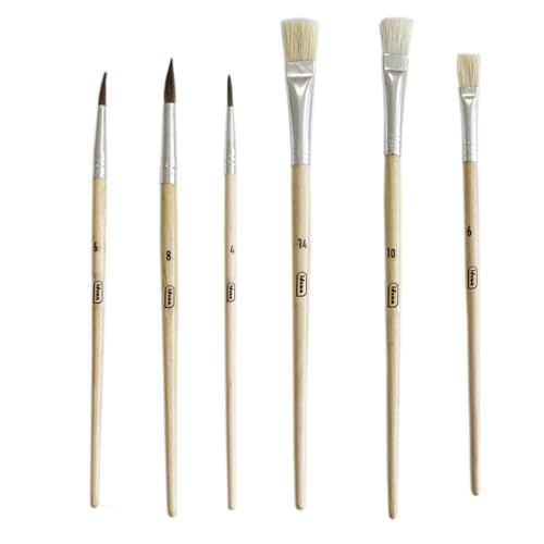 Idena 60104 - Schulpinsel, in 6 Größen, 3 Rundpinsel & 3 Borstenpinsel, unlackiert