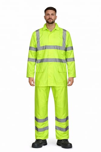 Image of Hi Viz Hooded Rainsuit 2 Piece Set | High Visibility Waterproof Jacket & Trousers | Unisex Rain Suit for Men & Women | PVC Workwear for Outdoor Safety (Yellow, 2XL)