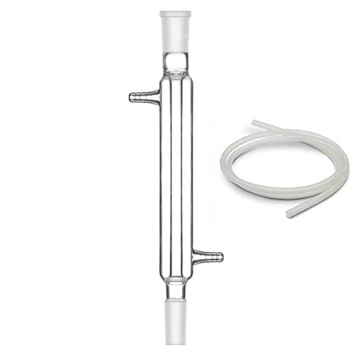 BOROSILICATE GLASS LEIBIG CONDENSER WITH JOINT & RUBBER TUBES FOR INLET & OUTLET. LENGTH 300MM. JOINTS SIZE 19-26(B-19)
