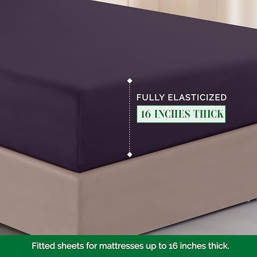 Image of Elegant Comfort Luxurious 1500 Premium Hotel Quality Microfiber Three Line Embroidered Softest 4-Piece Bed Sheet Set, Wrinkle and Fade Resistant, King, Eggplant-Purple