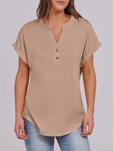 Image of ANRABESS Womens Short Sleeve Henley Tops V Neck Dressy Casual Blouses Summer Trendy Tee Shirts 2026 Vacation Fashion Clothes