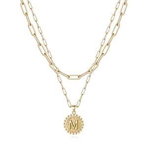 Yoosteel Gold Initial Necklaces for Women, 14K Gold Plated Dainty Layering Paperclip Link Chain Necklace Personalized Coin Initial Layered Gold Necklaces for Women