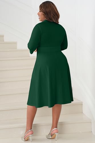 Image of Nmoder Casual Dresses for Women Semi Formal Fit and Flare 3 /4 Sleeve V Neck Cocktail Church Midi Dress with Pockets