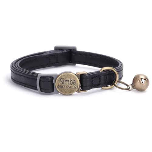 Pelle Collare per animali domestici con incisione personalizzata, collare per cani e gatti con nome con sgancio di sicurezza, collari personalizzati per gattini con campanello (nero)