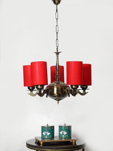 Image of Devansh 05 Lights Red Round Cotton Shade with Antique Golden Chandelier