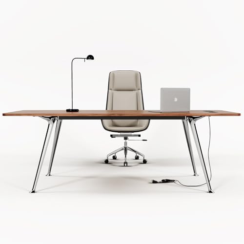 Writing Computer Desk, 60-Inch Large Executive Desk Office Workstation with Chrome-Plated Legs and Built-in Power Outlet, Writing Table Business Furniture, Modern Minimalist Style for Home Office