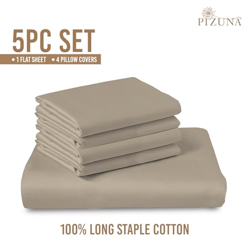Image of Pizuna 100% Cotton Bedsheet Super King Size Simply Taupe, 800 Thread Count Long Staple Combed Cotton Flat Bedsheets 108x108 Inches with 4 Pillow Covers, Bed Sheet for Super King Size Bed