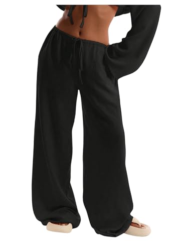Image of RoseSeek Women's Wide Leg Linen Pants Mesh Beach Cover Up Vacation Outfits