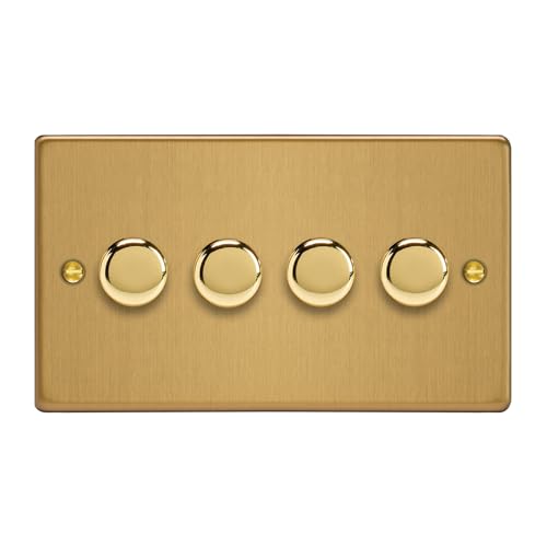 Image of Varilight 4-Gang 2-Way V-Pro Push On/Off Rotary LED Dimmer 4 x 0-120W (Twin Plate) Brushed Brass