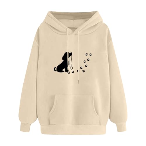 KOG Hoodie Damen Baumwolle Kapuzenpullover Hunde-Print Hooded Sweatshirt 2025 Kleidung Frau Oberteile Casual Langarmshirt Mode Warmes Große Größen Hoodies Sweatshirt mit Kapuze Khaki L