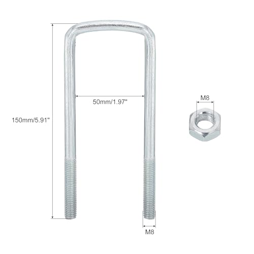 Image of uxcell Square U-Bolts, 8 Sets 50mm Inner Width 150mm Length M8 Zinc-Plated Carbon Steel U Clamp Bolt with Nuts and Plates, for Boat Trailer