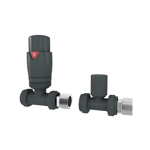 UK Radiators Thermostatic Radiator Valve (TRV) - 15mm Straight Lockshield - Textured Anthracite Grey Colour - Energy Saving 1/2" x 15mm Brass Straight Valve