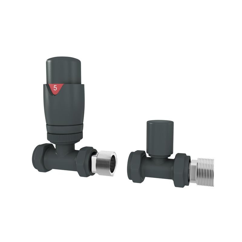 UK Radiators Thermostatic Radiator Valve (TRV) - 15mm Straight Lockshield - Textured Anthracite Grey Colour - Energy Saving 1/2" x 15mm Brass Straight Valve โ image 1