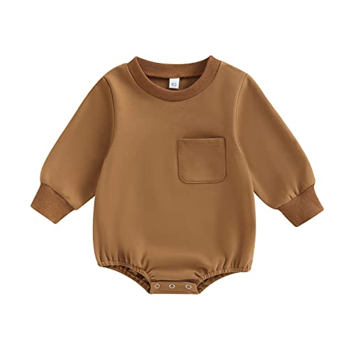 Image of AEEMCEM Baby Boy Girl Oversized Sweatshirt Romper Solid Long Sleeve Pocket Bubble Romper Sweater Onesie Top Fall Clothes