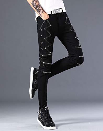 Men`s Punk Gothic Night Club Party Buckles Motorcycle Pants Biker Jeans4