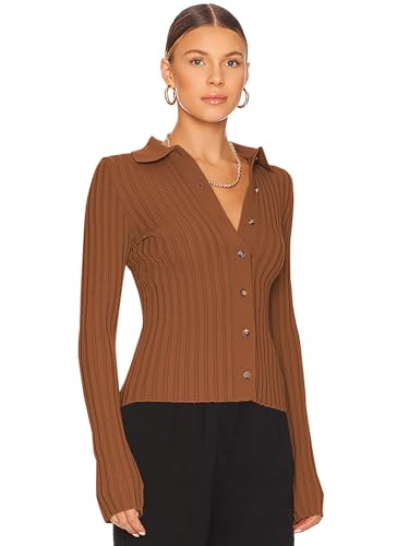ZAFUL Women's V Neck Button Down Ribbed Sweater Cardigan Long Sleeve Polo Collar Slim Knitted Pullover2