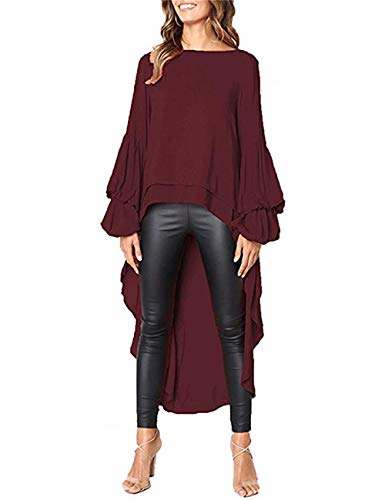 Lrady Women's High Low Tops Round Neck Blouse Lantern Long Sleeve Tunic Asymmetrical Irregular Hem Casual Shirt Dress, Wine Red, Large