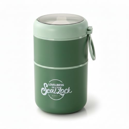 Image of Insulated Stackable Bento Box, 304 Stainless Steel Leak-Proof Thermal Lunch Pot with Foldable Spoon, 780ML Double-Layer Food Flask for Work & School - Green