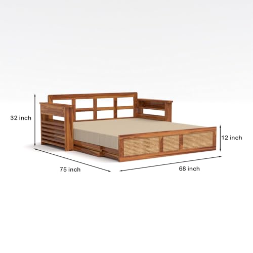 Image of Kunjal Furniture Solid Sheesham Wood Sofa Cum Bed with Storage for Living Room | Natural Finish | 3-Seater Convertible Sofa Bed | Handmade Wooden Furniture (Natural, Modern)