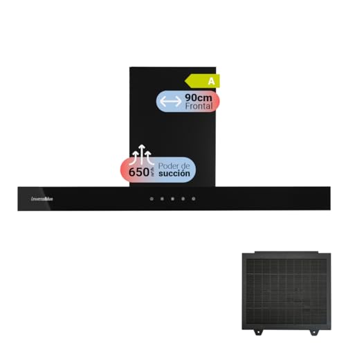 UNIVERSALBLUE Afzuigkap T-vorm, 90 cm, zwart glas en roestvrij staal, voor keuken met aluminium filters, 3 snelheden, gratis verzending en stijging