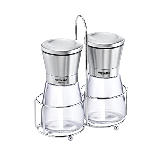 Westmark Menage Gewürzmühle, 3-tlg., Salz- und Pfeffermühle + Ständer mit Tragegriff, Rostfreier Edelstahl/Glas/Keramik, Edelstahl, Transparent/Silber/Schwarz, 63362260