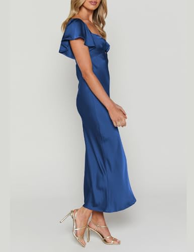 Image of Summer Satin Flutter Sleeve Wedding Guest Dresses for Women Sweetheart Neckline Cutout Tie Back Midi Cocktail Dress