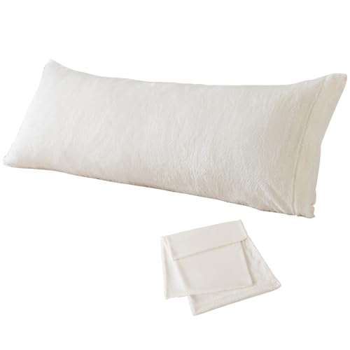 Whatsbedding Sherpa Body Pillow Cover, Ultra Soft Faux Fur Body Pillowcase, Luxury Shaggy Plush Long Pillowcase, Envelope Closure - Beige (20x54 inch)