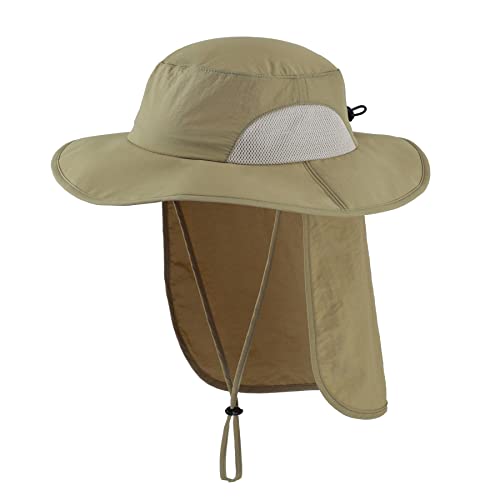 Home Prefer Outdoor Mens UPF50+ Sun Hat Wide Brim Fishing Hat with Neck Flap, Light Khaki Green, L-XL