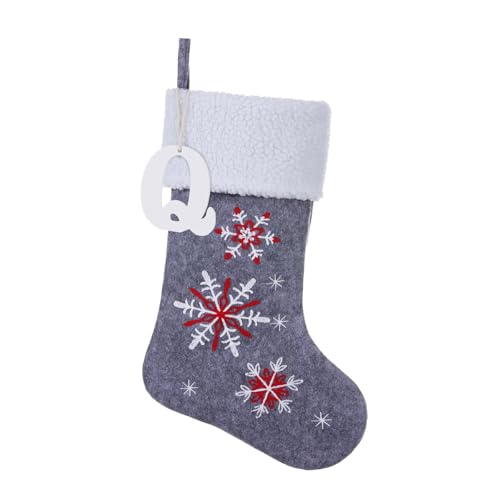 JKSVE 19.5 Inch Personalized Wooden Initial Monogram Christmas Stocking,Embroidered Snowflake Fireplace Hanging Stockings for Family Holiday Decorations and Xmas Gift（Letter Q）