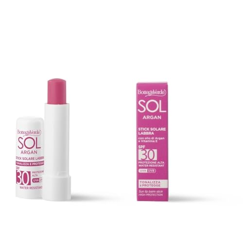 Bottega Verde - SOL Argan, Stick Labbra Solare, 5ml, SPF 30, Arricchito con Olio di Argan e Vitamina E, Senza Siliconi, Resistente all'Acqua, Idrata, Protegge e Tonalizza Delicatamente, Colore Rosa