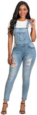 SUFL Women's Juniors Denim Stretch Overalls Ripped Distressed Jumpsuit Skinny Boyfriend fit Bib overalls Jeans Pants (S, Blue)